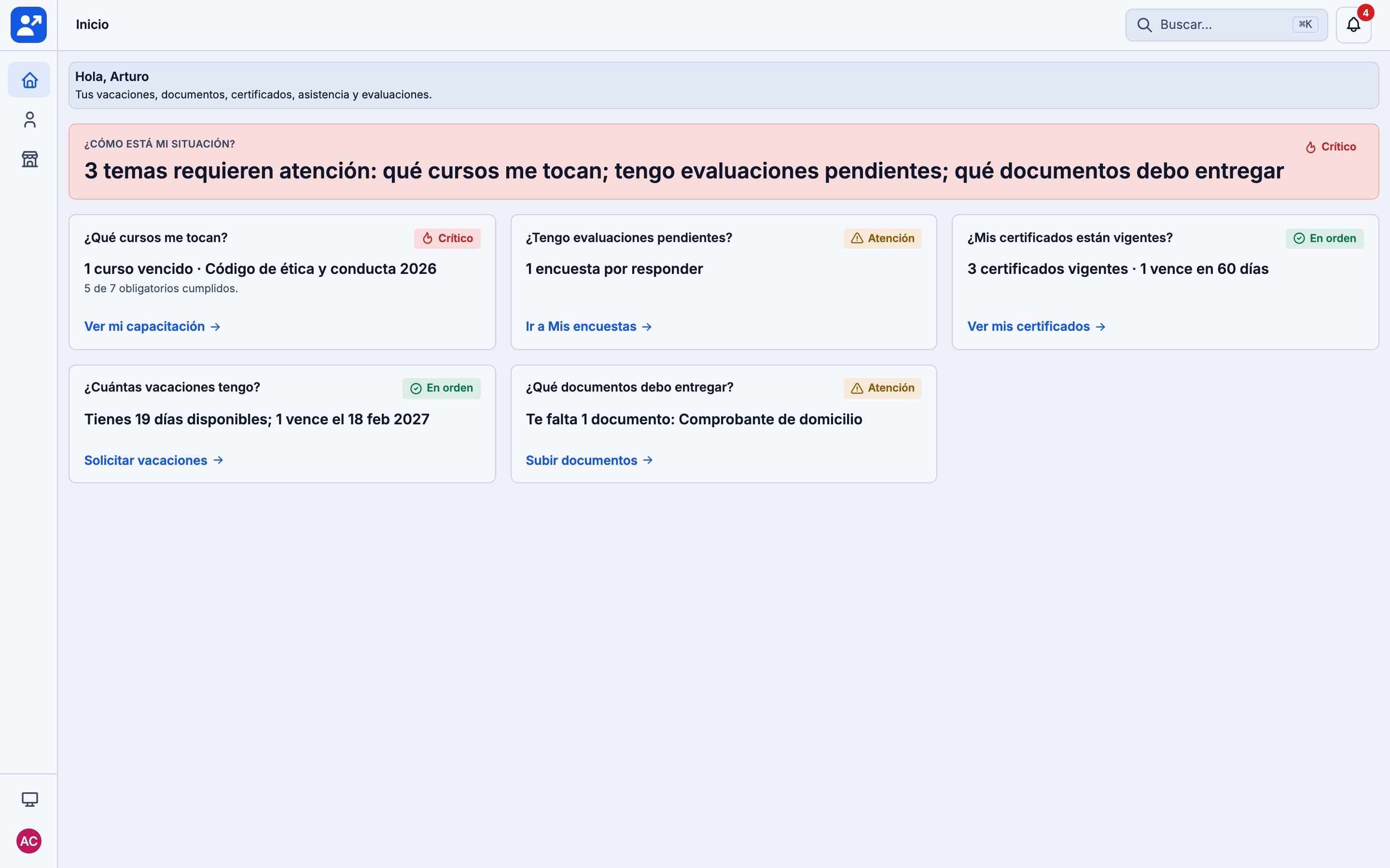 Inicio del colaborador en RHUNO con cursos, evaluaciones, vacaciones y documentos