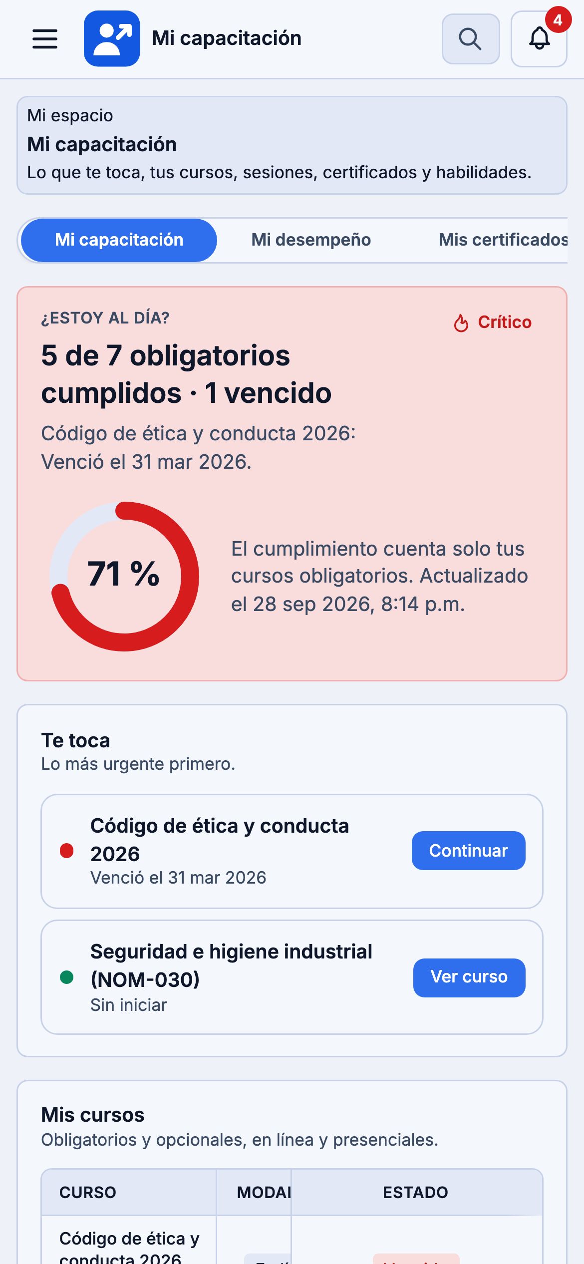 Cursos y cumplimiento de capacitación del colaborador en el celular