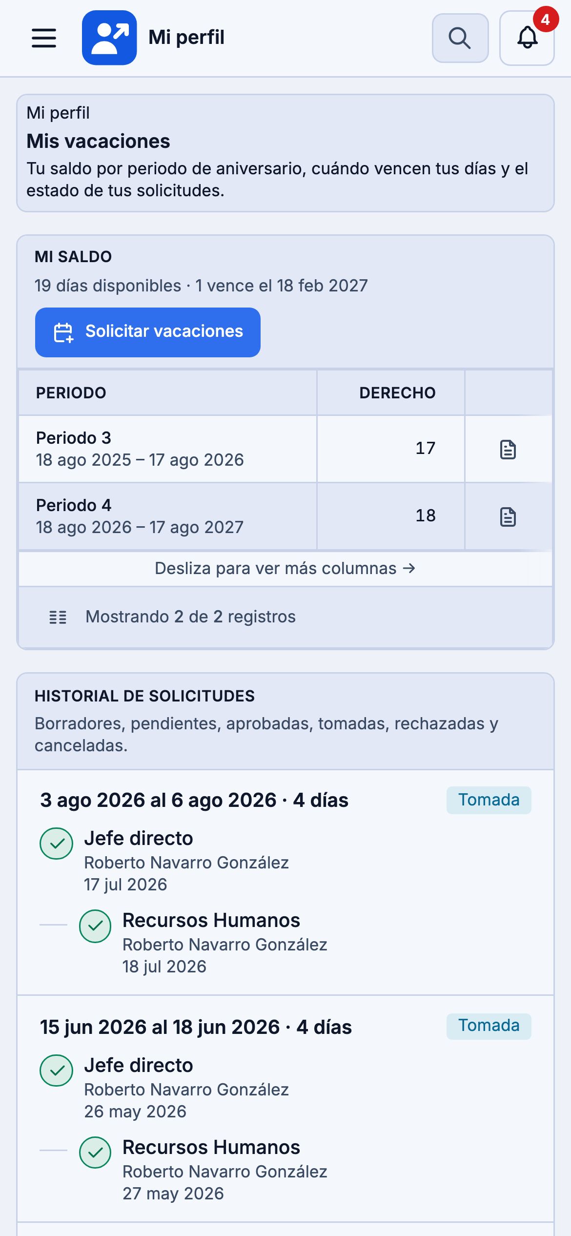 Saldo de vacaciones del colaborador por periodo en el celular