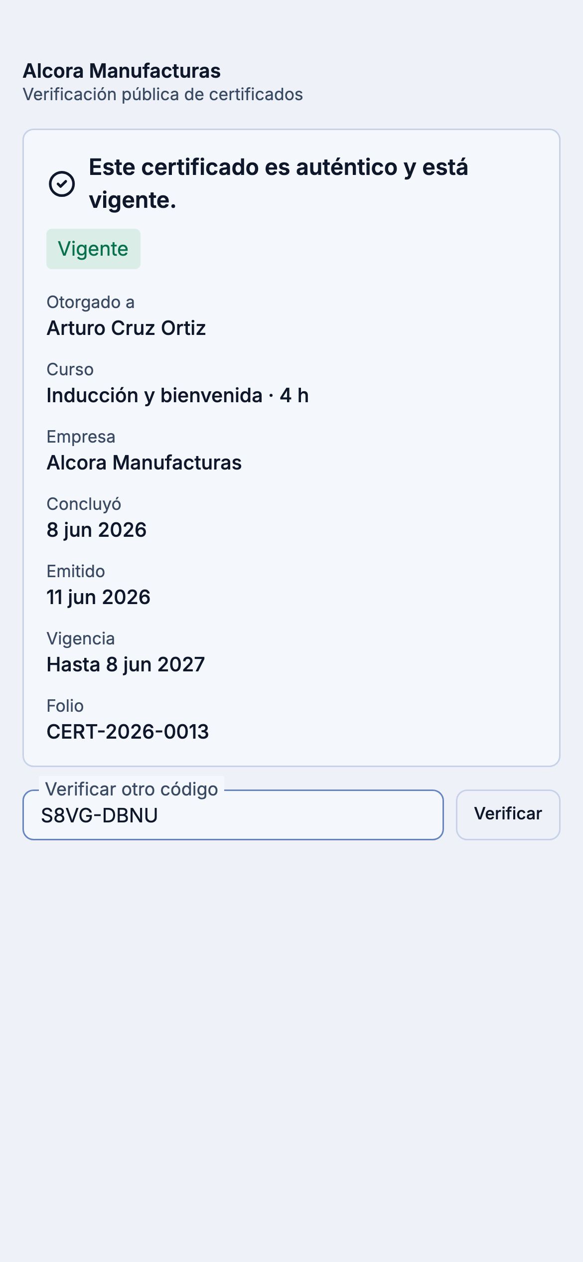 Verificación pública de una constancia: auténtica y vigente